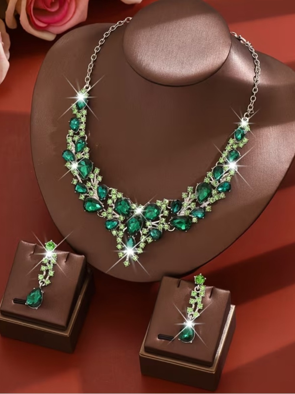 Elegant Green Crystal Statement Necklace and Earring Set - Women Jewelry - Picture 2 of 3
